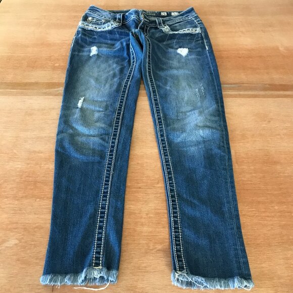 Miss Me Signature Ankle Skinny Jeans Women 26 Blue Low Rise Sequin Raw Hem 17457 - Picture 1 of 15